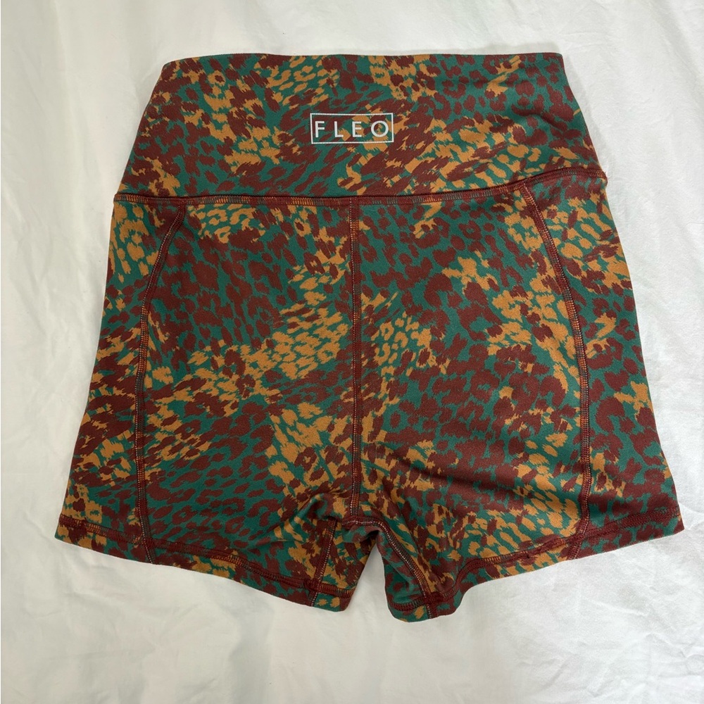 Fleo Women's High-Rise Athletic Shorts in Green, Rust & Mustard Print